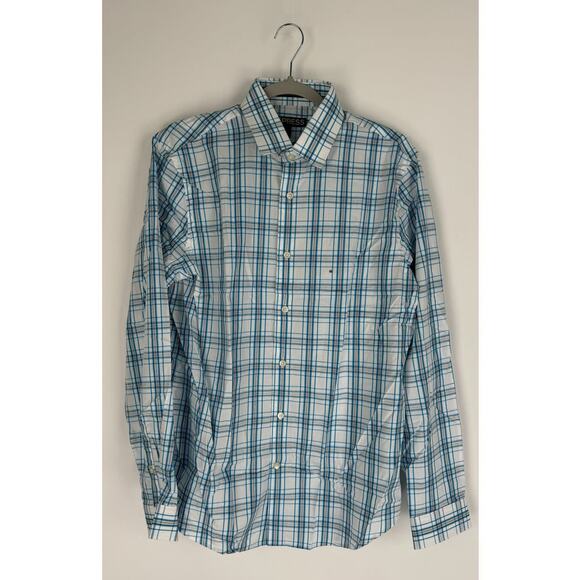 Express Mens Modern Fit Collared Button Up Shirt Long Sleeve Check White Blue - Picture 1 of 9